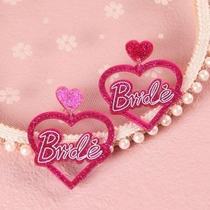 Bride Heart Drop Earrings - Hot Pink Glitter